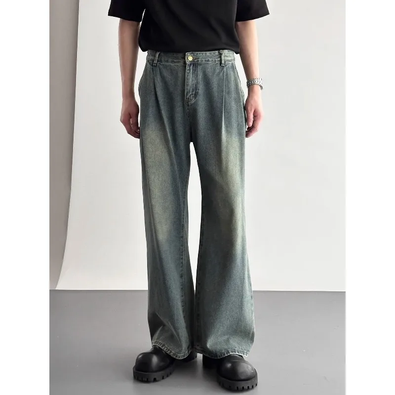 New American Retro Men Washed Denim Jeans Pleated Waist Loose Wide Leg Straight Trousers Casual Vintage Long Pants Daily Outfit