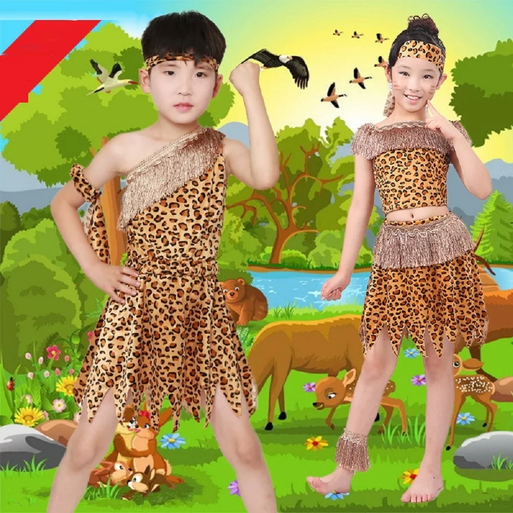 زي أداء الصياد للأطفال ملابس مطبوعة على شكل الفهد الهندي الأفريقي لحفلات الهالوين كرنفال