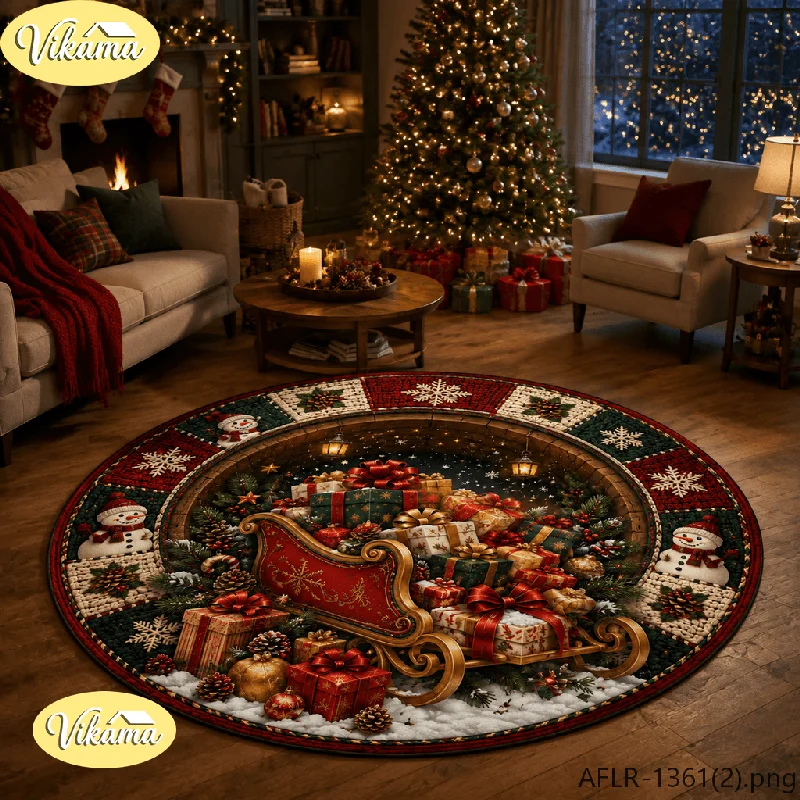 VIKAMA Christmas Santa Claus Patchwork Round Area Rug Non Slip Washable Floor Mat for Living Room Entryway Holiday Home Decor