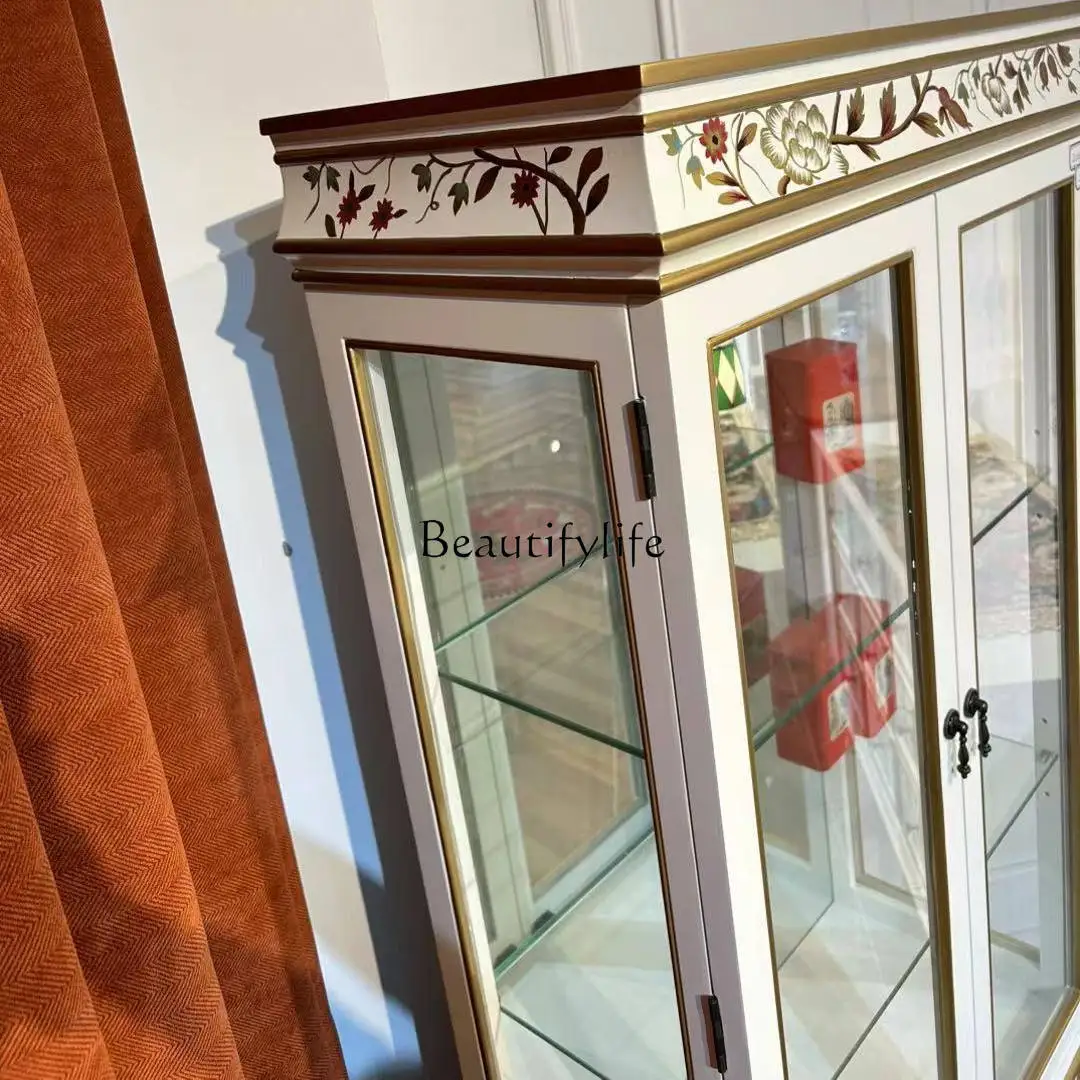 American retro wine cabinet Chinese painted handmade glass display decorative cabinet