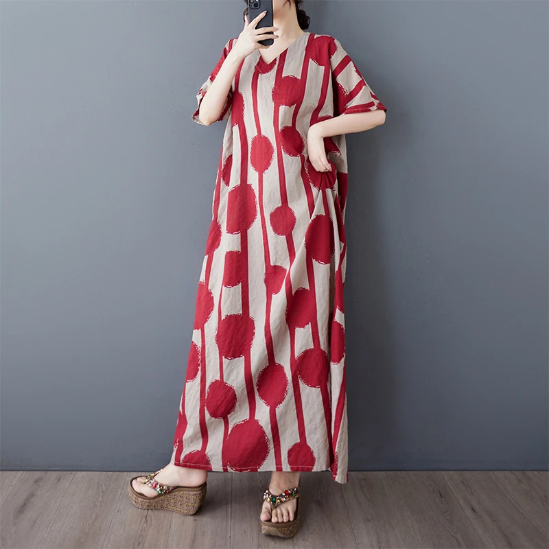 Retro Floral raya punto algodón Lin suelto largo Dr mujer verano fino v-ne ort Sve Casual Sle talla grande Dr