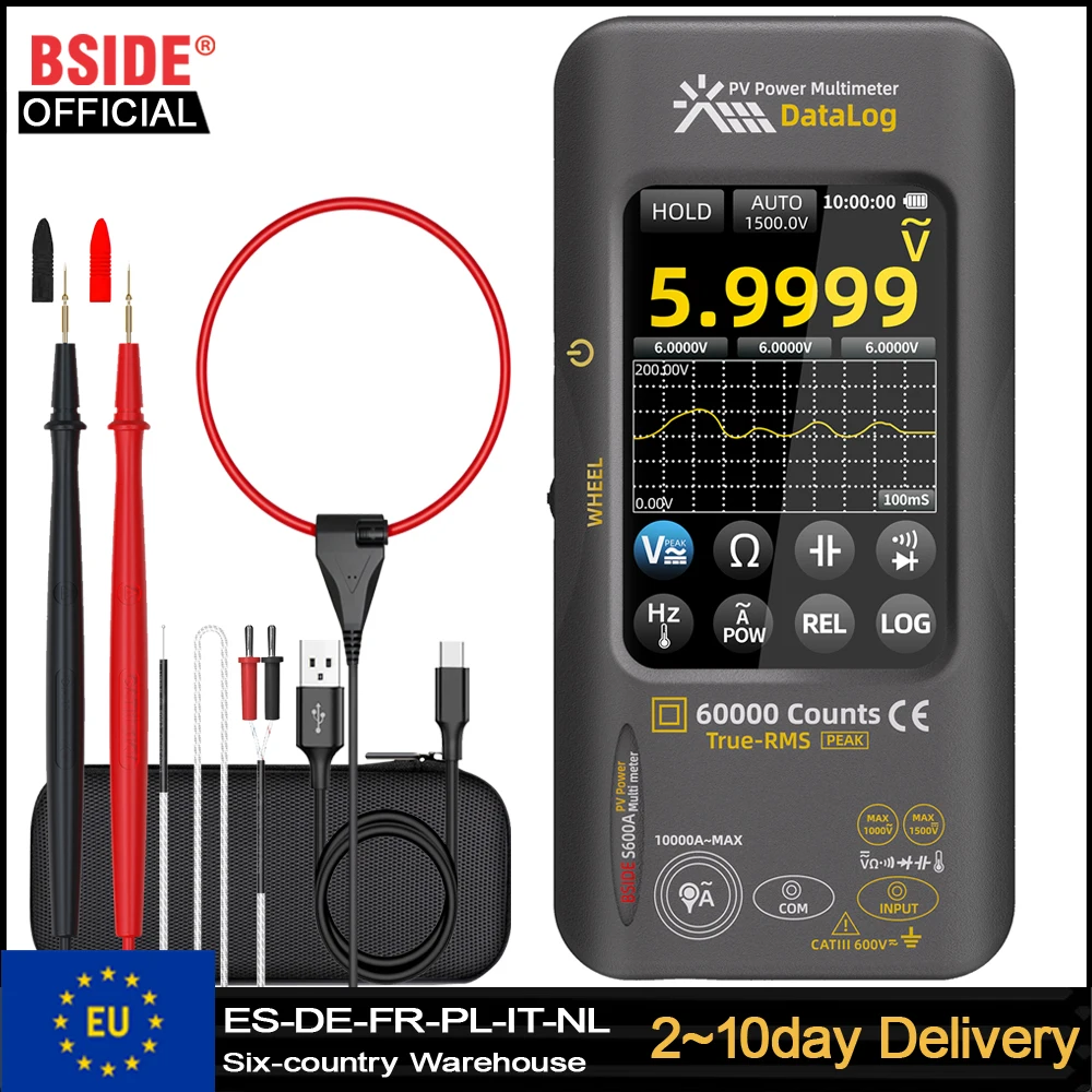 Multimètre numérique BSIDE PV 60000 points de mesure, multitesteur de puissance avec pince ampèremétrique flexible AC 10000A, enregistreur de données avec écran tactile LCD 3,98 pouces, 1500VDC/1000VAC, testeur de diode, de température, d'intensité et de crête pour panneaux solaires photovoltaïques