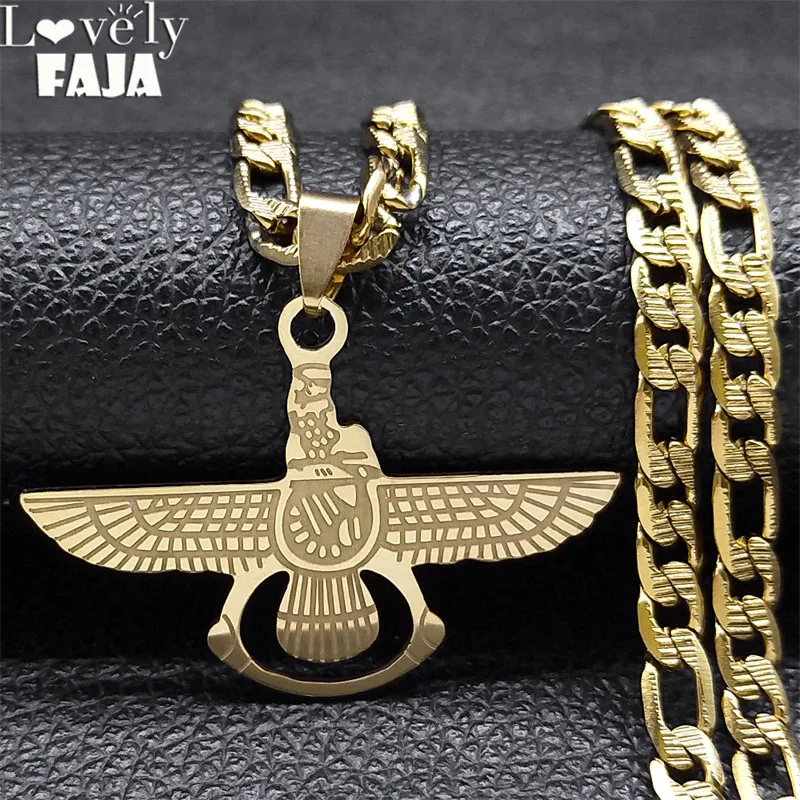 Faravahar Iran Ahura Mazda Pendants Necklace Men Stainless Steel Gold Color Zoroastrianism Achaemenian  Necklace Jewelry N3249