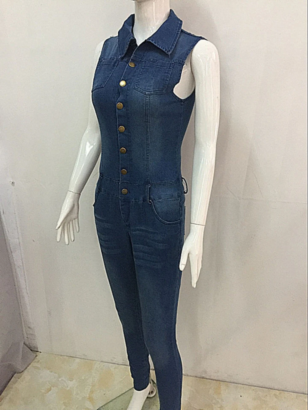 Baju monyet Denim wanita, baru musim panas tanpa lengan kerah pinggang tinggi pelangsing jalan bisa memakai warna Solid celana Romper wanita