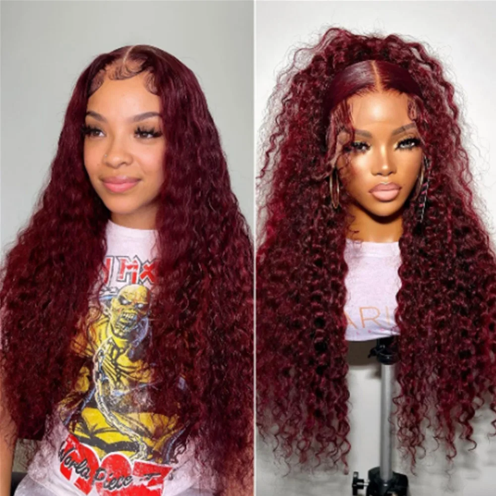 

220 density 40 Inch Curly 99j burgundy 13x4 Lace Front 100% Human Hair Deep Wave 13x6 Lace Frontal Wig Brazilian For Black Women