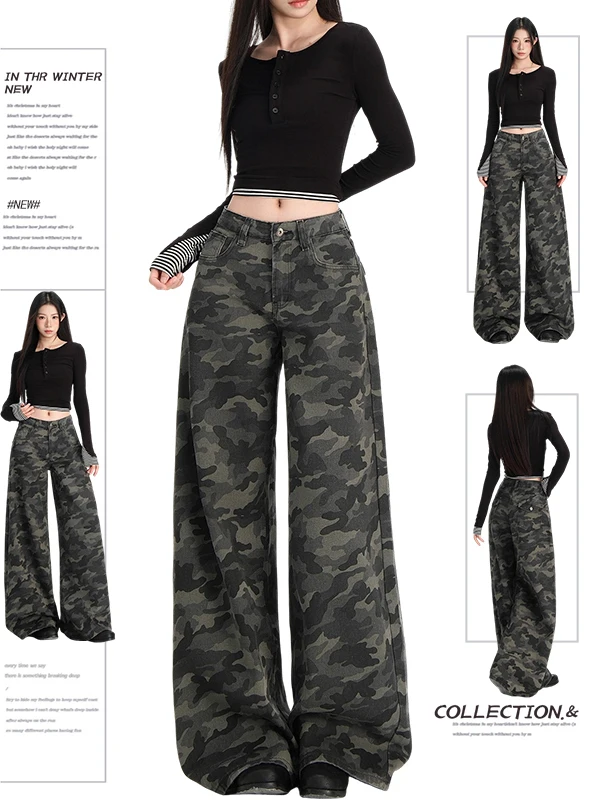 

Женские джинсы больших размеров в американском ретро-стиле с камуфляжным принтом, свободные прямые брюки в стиле High Street, повседневная летняя одежда