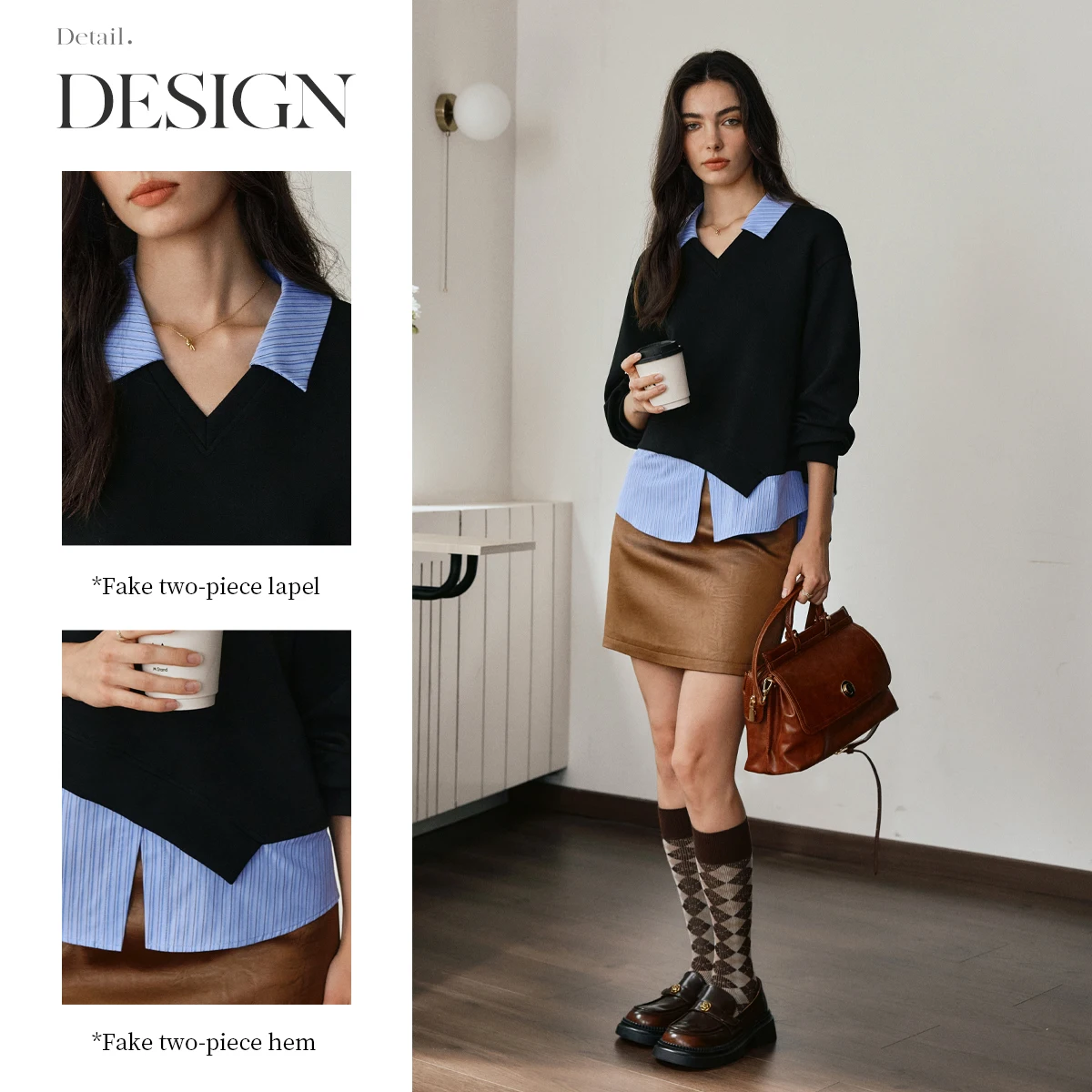 OLrain Fake Two-piece Sweatshirts for Woman Autumn 2025 New Irregular Tops Turn-down Collar Knitted Pullovers Female O57QR000836