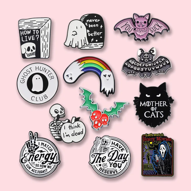 Halloween Dark Ghost Skeleton Black Cat Pin Fun Skeleton English Metal Brooch Badge Small Gift
