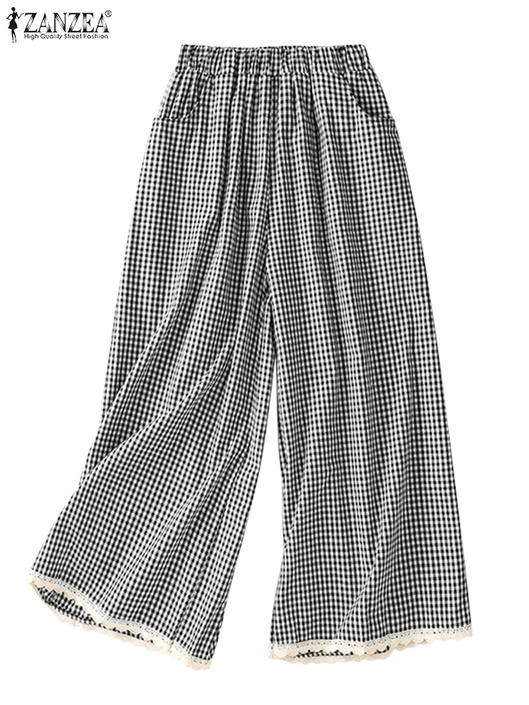 

ZANZEA Women Plaid Trousers Lace Patchwork Long Pants 2025 Casual Loose Elastic Waist Pleated Wide Leg Pants Summer Bottoms