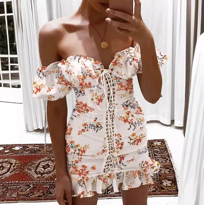 

Mini Dresses for Women 2024 Summer Pullover Short Sleeved Fashionable Printed Pleated One Shoulder Temperament Commuting Dress