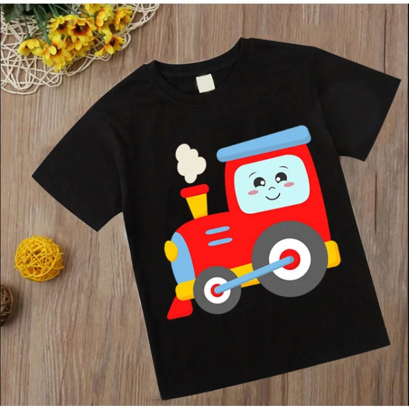 2023 Excavators T Shirt Firetrucks Fire Engines Tshirts Kids Baby  Clothes Costume Children Clothing Locomotive Cartoon Car Tops