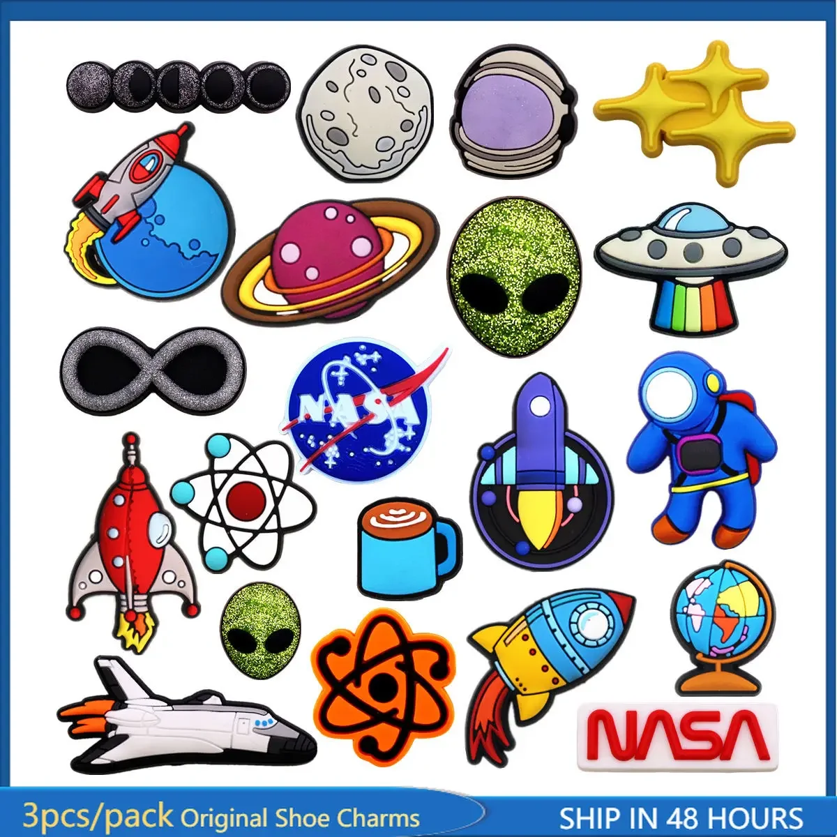 3 Pack Original Outer Space Style PVC Shoe Charms Buckle Upper Accessories Spacecraft Astronaut Meteorite Star Shapes Clog Clip