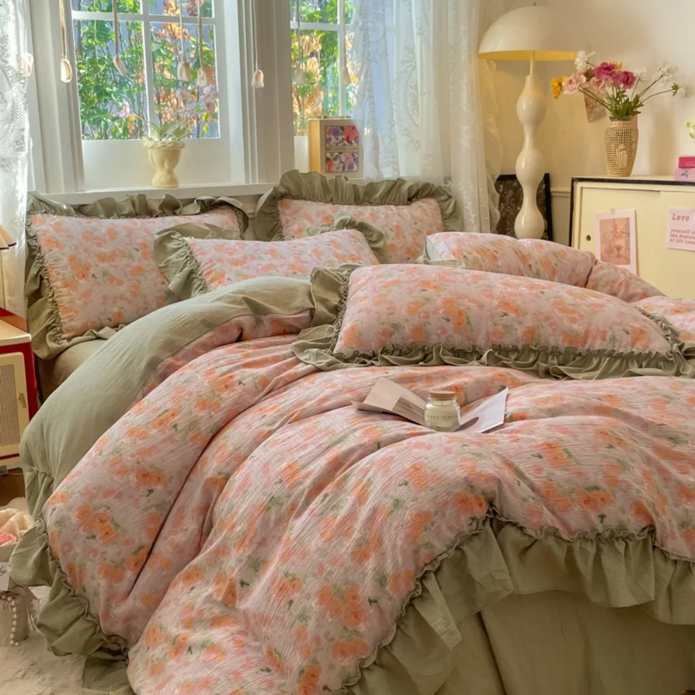 

Комплект постельного белья в корейском стиле с цветочным принтом, домашний мягкий винтажный пододеяльник с французскими пасторальными цветами, кружевные оборки, простыня, наволочка