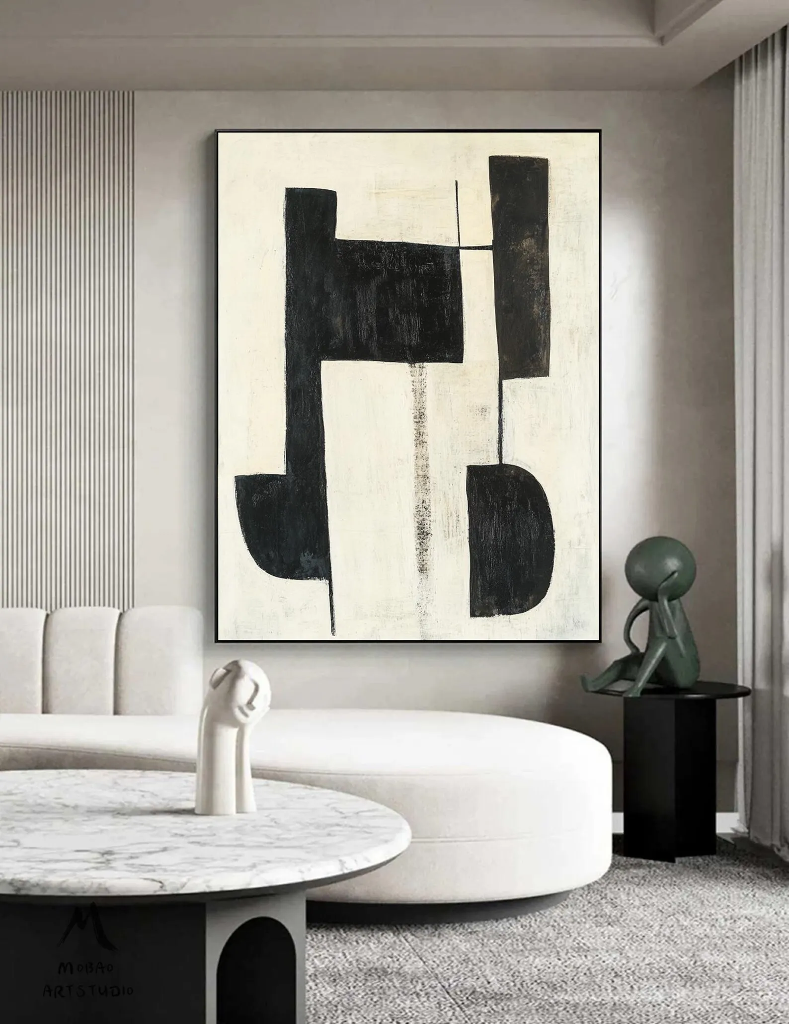 

Оригинальная абстрактная картина маслом ручной работы Mhemyo, бежевая, на холсте, современное настенное искусство, черный минималистичный дизайн для гостиной, декор для дома.