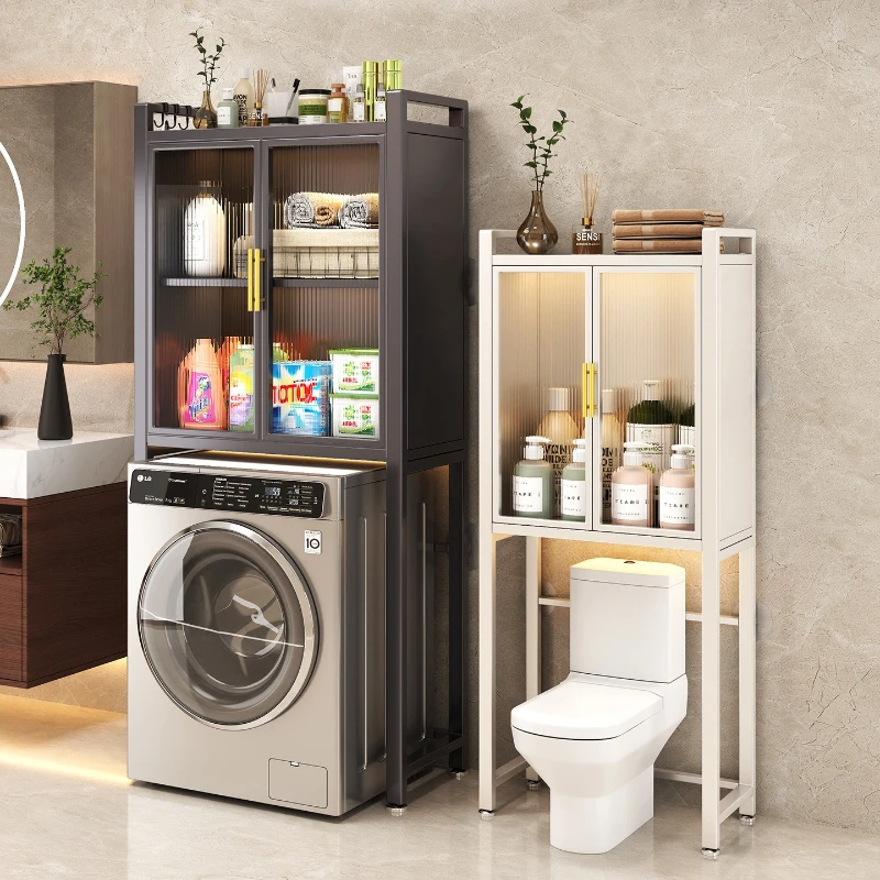 Bathroom, washing machine, shelf, toilet, storage cabinet above the toilet, floor-to-ceiling multi-layer balcony, void shelf