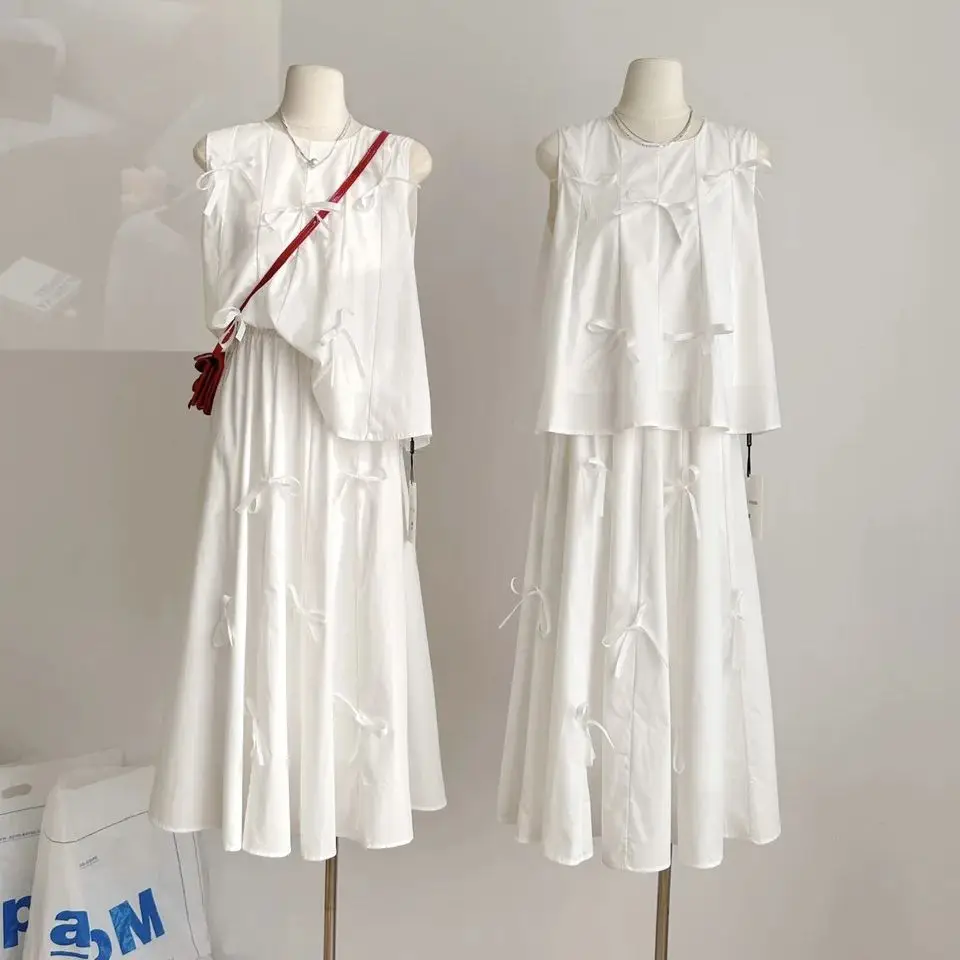 White Tea Lily of the Valley Heavy Industry Bow Suspender Suit Women's High Waist Slimming A-Line Long Skirt