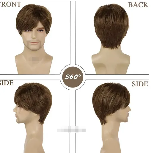 Synthetic Short Haircuts Brown Wigs for Men Straight Hairstyles Wig Natural Daily Wear Father Gifts Hair Replacement Full Wigs