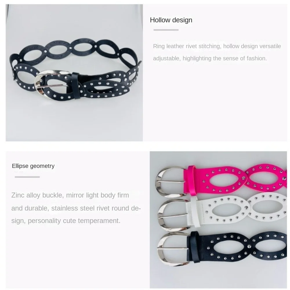 القوطية قابل للتعديل راعية البقر حزام خصر الهندسة البيضاوي واسعة الجانب بولي Leather أحزمة جلدية Y2k الكورية نمط برشام حزام خصر يوميا #1