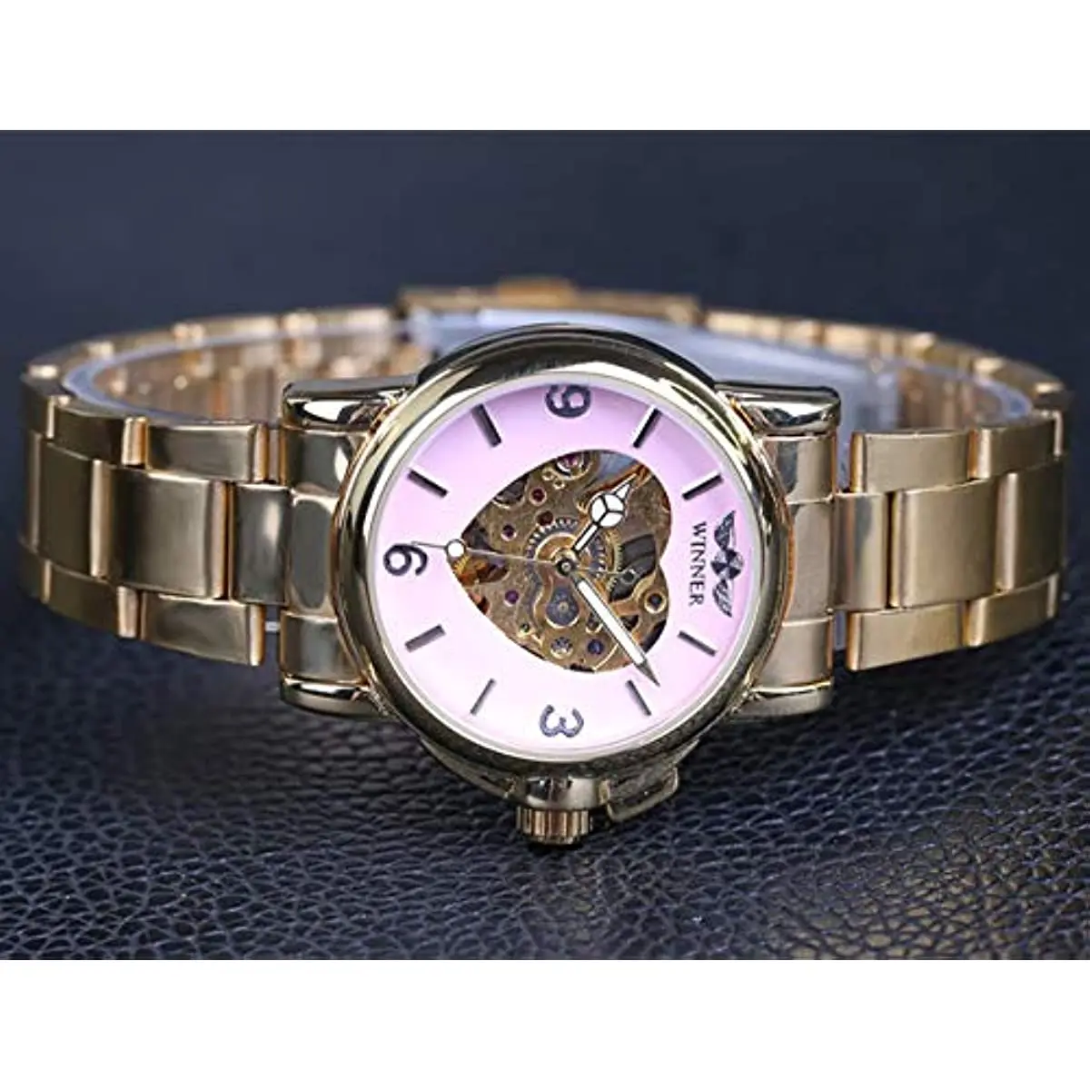 Winner Luxury Women Automatic Mechanical Gold Watch Unique Heart Shaped Hollow Dial Stainless Steel Strap