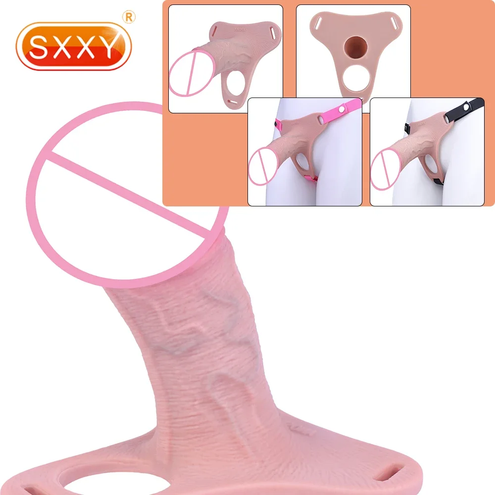 SXXY-consolador hueco realista de silicona, correa masculina suave en jaula de castidad, bloqueo de pene suave realista con anillos para pene, juego BDSM para adultos