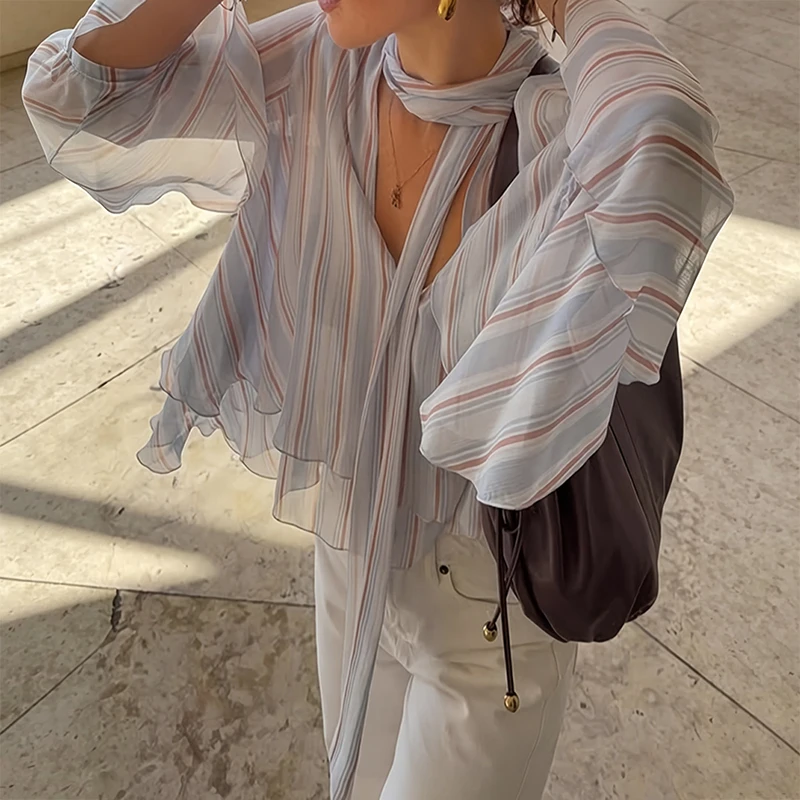 OMSJ Loose Fit Stripe Print V Neck Long Sleeves Ruffles See-through Fashion Casual Women Blouse Tops Spring Summer Street Outfit