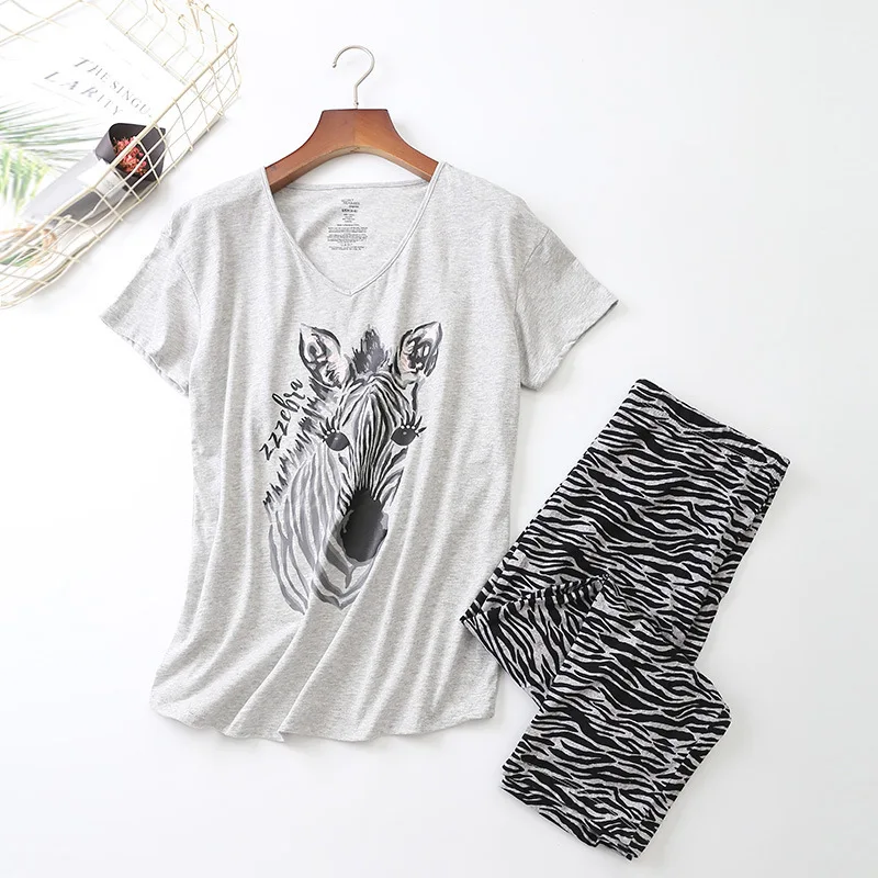 Women's Summer Lightweight Korean Style Plus Size Pajama Sets Short Sleeve Capri Pants Homewear 2pcs Suit Cute Sleepwear