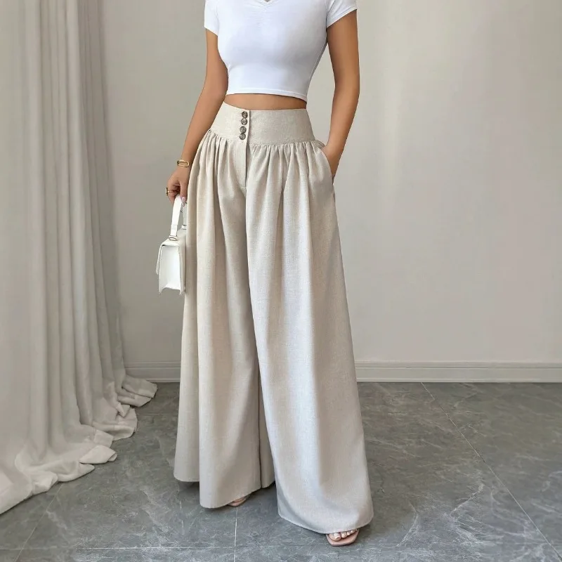 Elegant Women High Waist Button Pleated Wide Leg Pants Solid Casual Flowy Long Trousers With Side Pockets