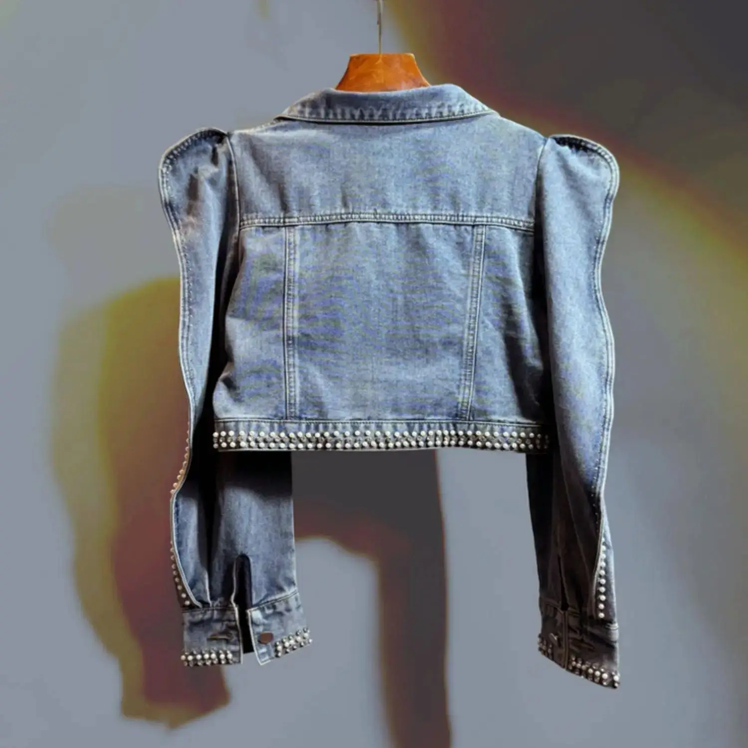 Beading Pearls Blue Denim Jacket For Women Spring Autumn Heavy Work Diamond Casual Long Sleeve Short Jean Cardigan Jacket Coat