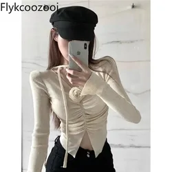 Top da donna autunno Vintage dolce decorazione floreale tridimensionale scollo a v pieghettato Sexy corto diviso in maglia Top abbigliamento donna