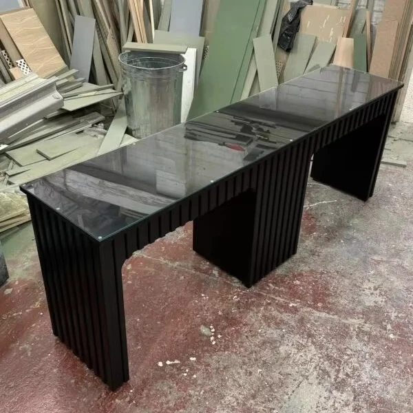 Modern Storage Nail Work Table Fluted Solid Wood Manicure Table Tempered Glass Top Nail Table