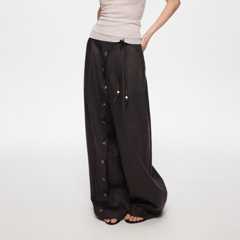 Deep Coffee Color Diagonal Placket Split Button Oversized Casual Pants for Women 2026 Summer New Fashionable Niche Design Pants