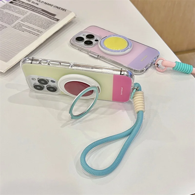 Cute Collision Color Magnetic Phone Case For iPhone 17 Pro 15 14 16 Pro Max Cover with Magsafe Stand Hand Rope Shockproof Funda