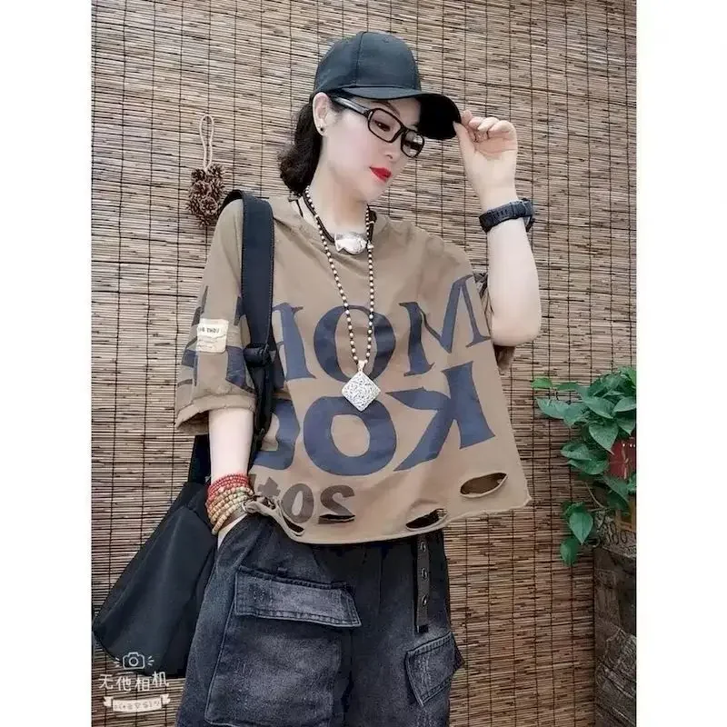 Women's T Shirt Literature And Art Retro T Shirt 2024 Summer New Loose Large Letters Hole Round Neck Short-sleeved T-shirt Women