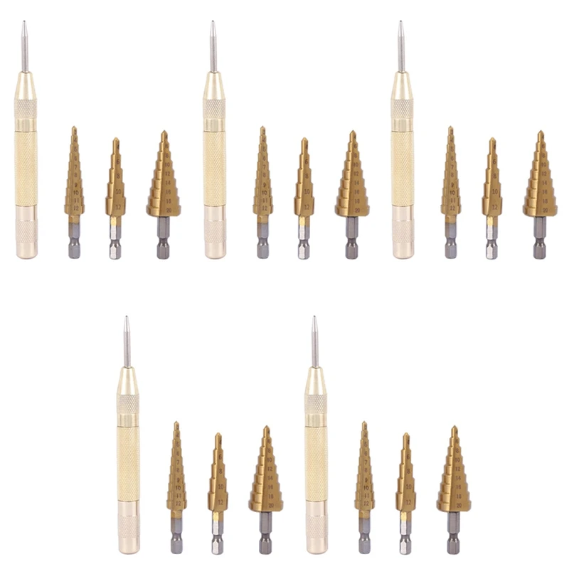 A23T 15 Pcs HSS Titanium Step Drill Bit Set & 5 Pcs Automatic Center Punch, 3-20mm Multi Size, for Metal Wood Drilling