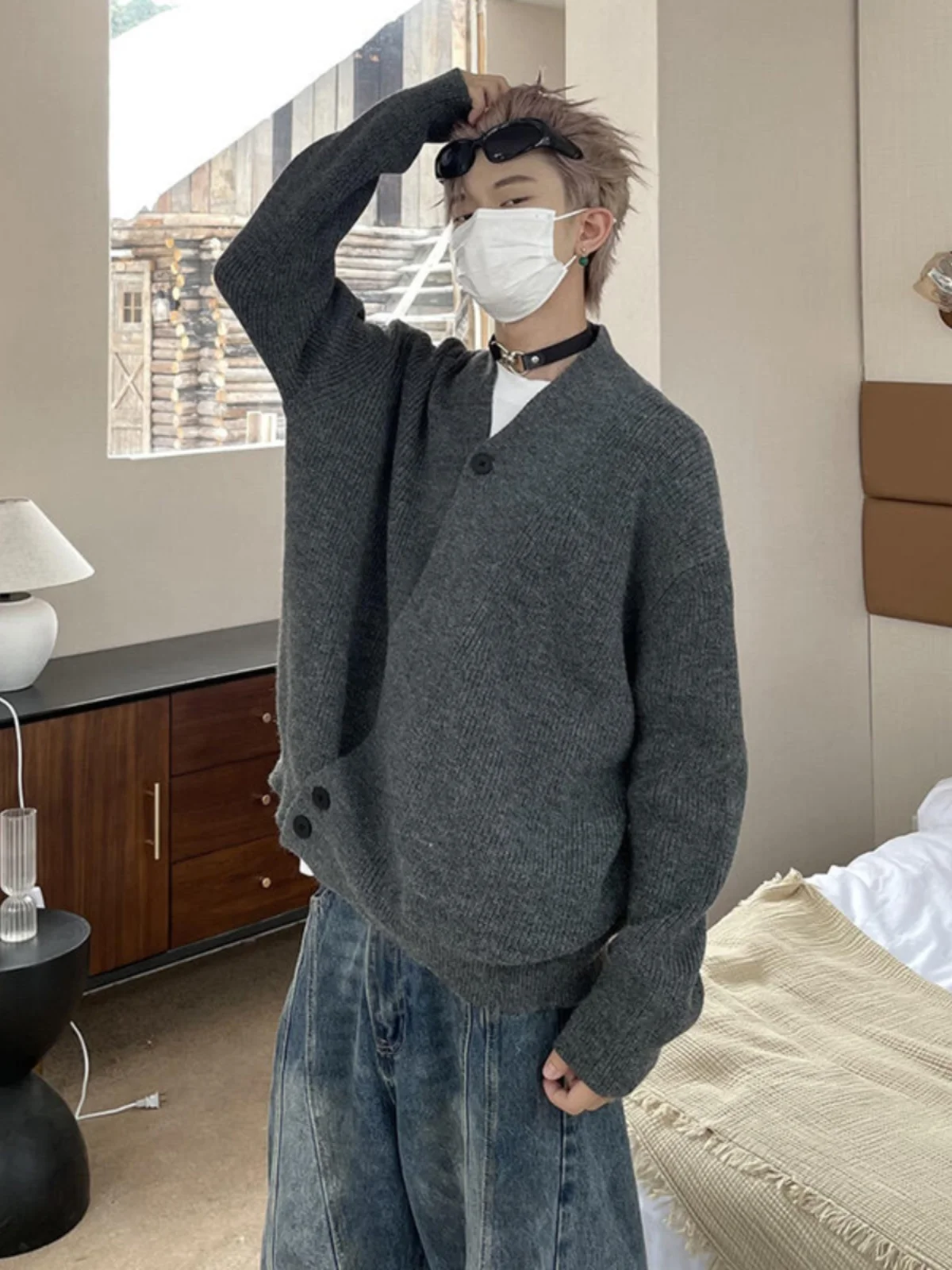 

Deep ey Dao Pao Knitwear Men's Spring Autumn Loose Fit V-Ne Long Sve Casual Sle Polyester Fiber Outerwear Coat