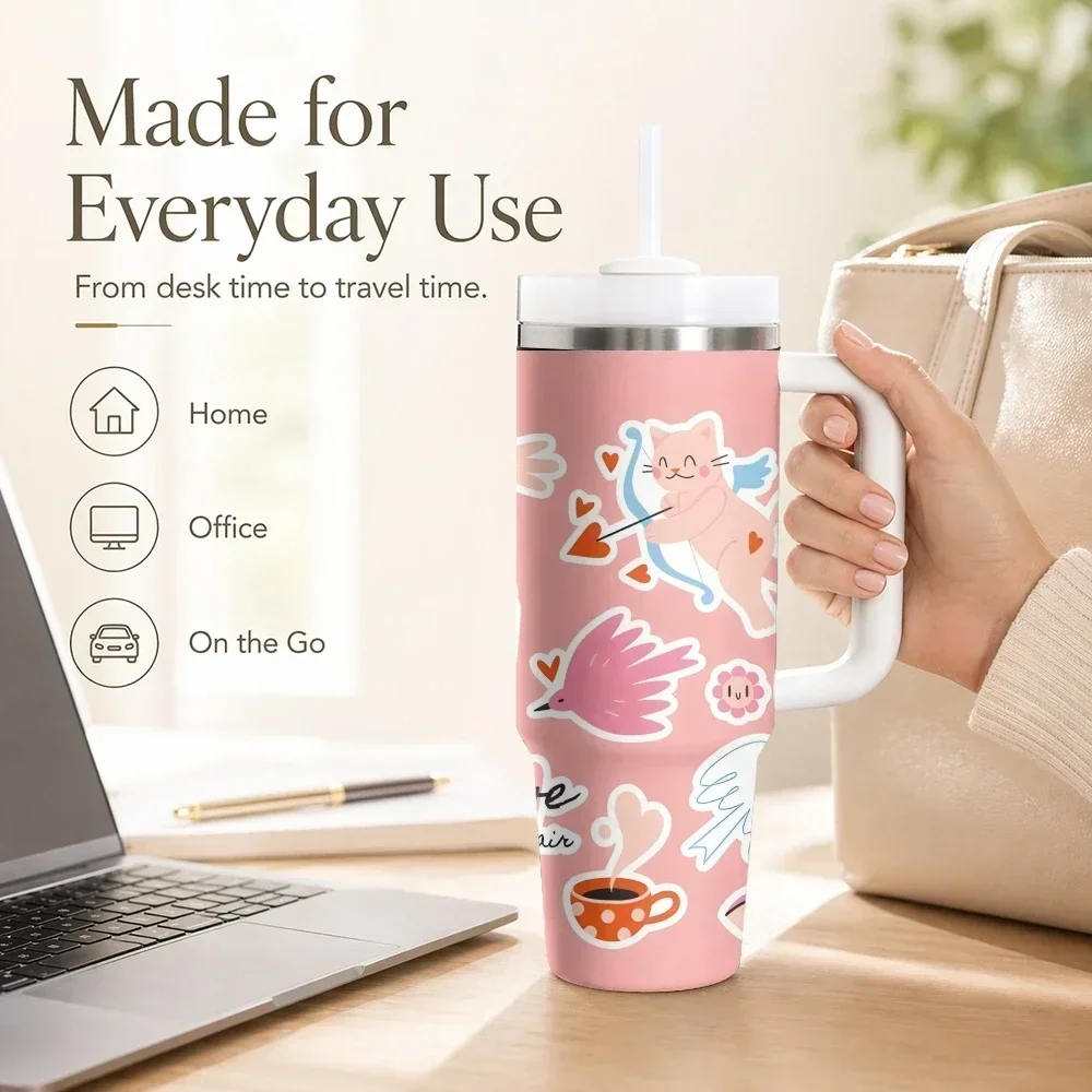 Motivation Notes And Bow Girly Positive Vacuum Flasks 40oz Stainless Steel Insulated Tumbler with Handle Straw Cup Travel Mug
