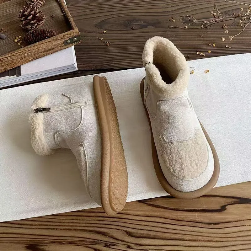 

Anti-Slip Snow Boots, Women'S Lambskin Plush Short Boots 2025 New Style Flat Fleece Cotton Shoes, Winter Warm Women'S Shoes