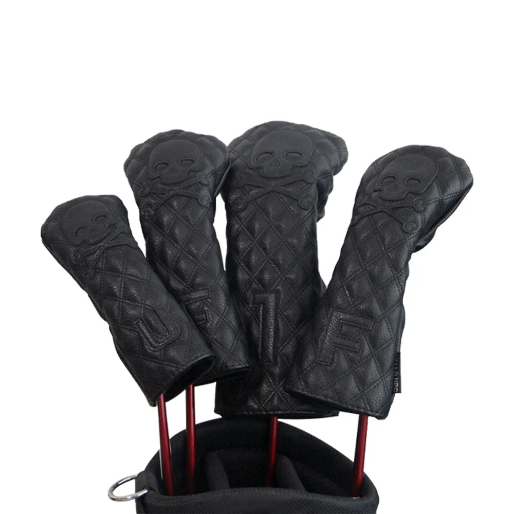 GLOOF Golf cráneo esqueleto cabeza cubierta Golf Club cubierta de cuero negro conjunto se adapta al conductor Fairway madera híbrido Golf suministros