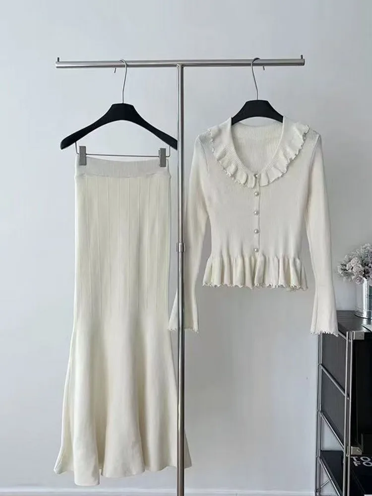 Knitted Skirt 2 Pieces Set Women Pullovers Sweater 2025 & Knitted Bodycon Skirts Suits Outfits Female Clothes