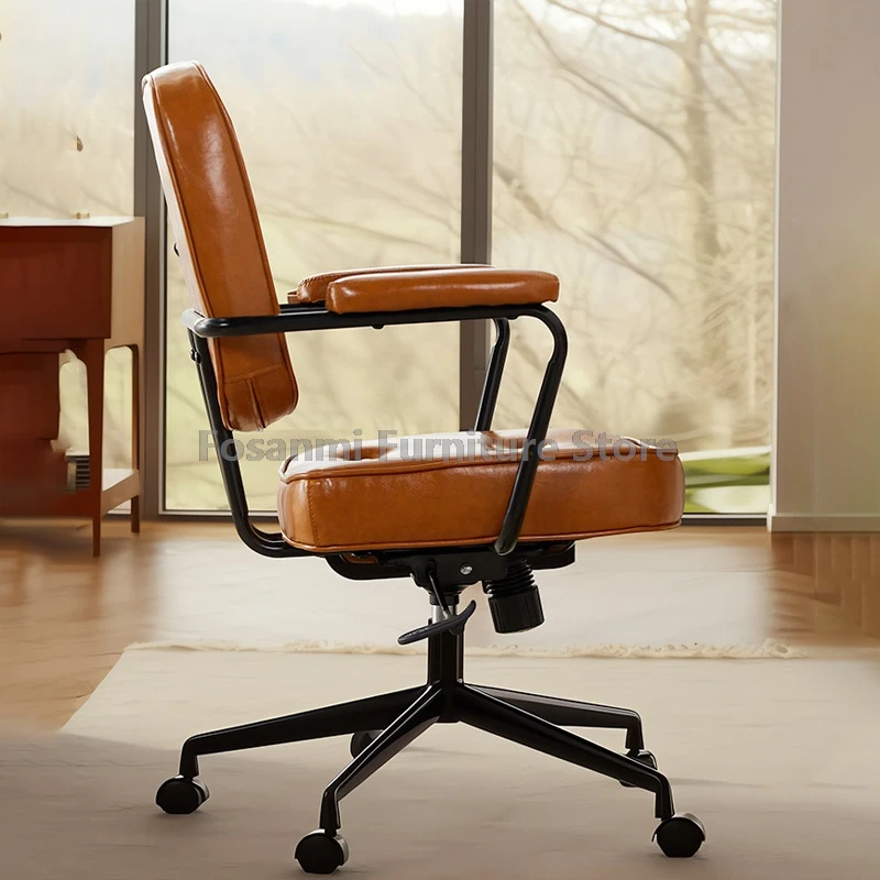 เก้าอี้โต๊ะหนังกลางหลังพร้อมที่เท้าแขนเบาะเก้าอี้คอมพิวเตอร์โยกย้อนยุคโฮมออฟฟิศเก้าอี้โต๊ะหมุนนุ่มพร้อมโครงเหล็ก
