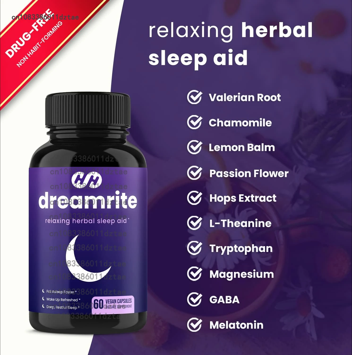 

Sleep Aid Non Habitual Natural Sleep Aid, Containing Valerian Root, Melatonin, Chamomile, Lemon Balm, Etc- 60 Capsules