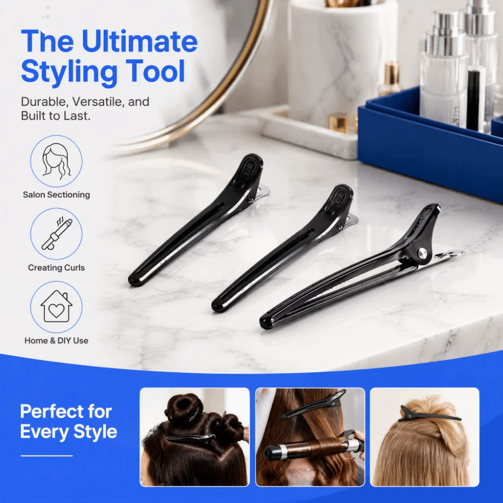 12PCS 12 Pcs Pack Hair Sectioning Clips Black Color Non-Slip Design Alligator Hair Clips Aluminium Alloy Creaseless