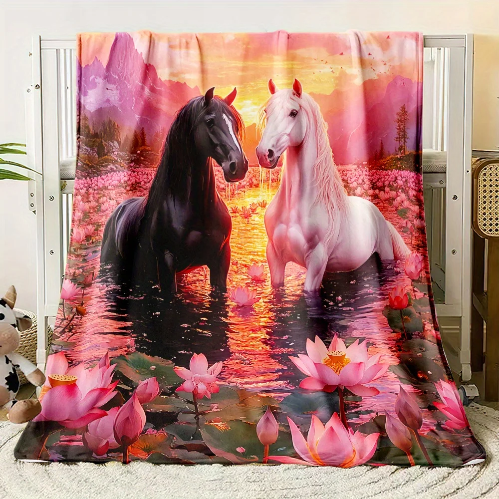 Custom Horse Blanket Black White Horses Lotus Pond Sunset Mountain Design Personalized Name Fleece Throw All Season Soft Warm