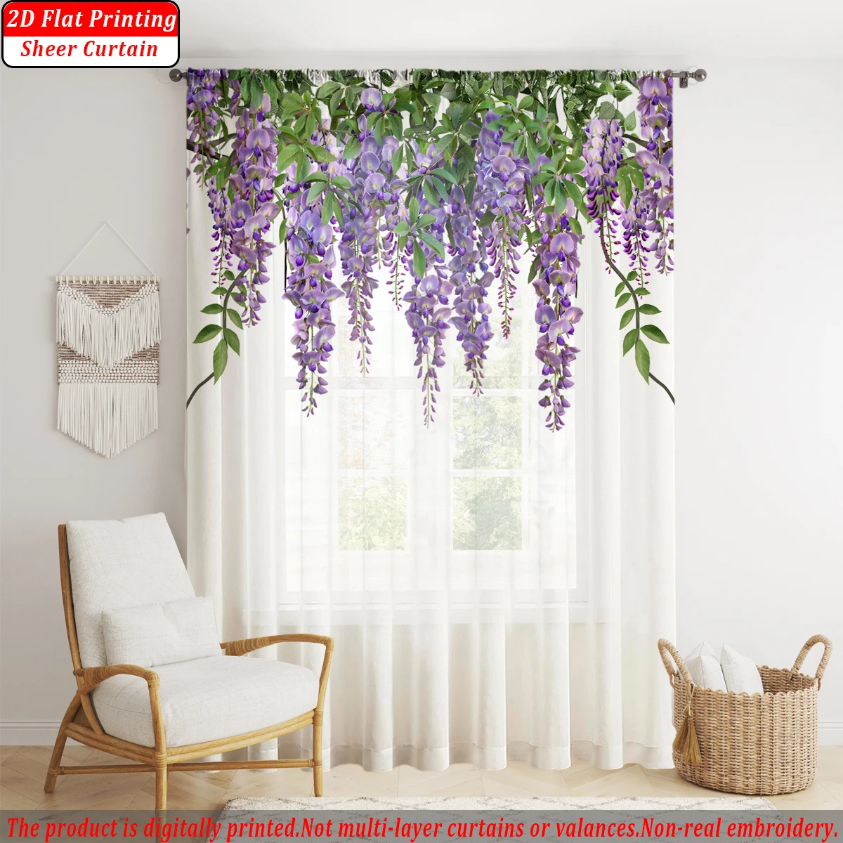 Purple Wisteria Flower Flat Printing Sheer Curtain，Light Fabric，for Living Room Bedroom Home Door and Window Decor - view 2