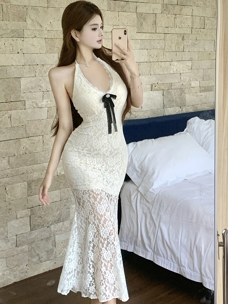 2025 Wit Kant Jacquard Chic Boog Hals Gemonteerde Sexy Jurk Vrouwen Elegante Bodycon Verstoorde Maxi Jurk Zomer Koreaanse Luxe vestidos