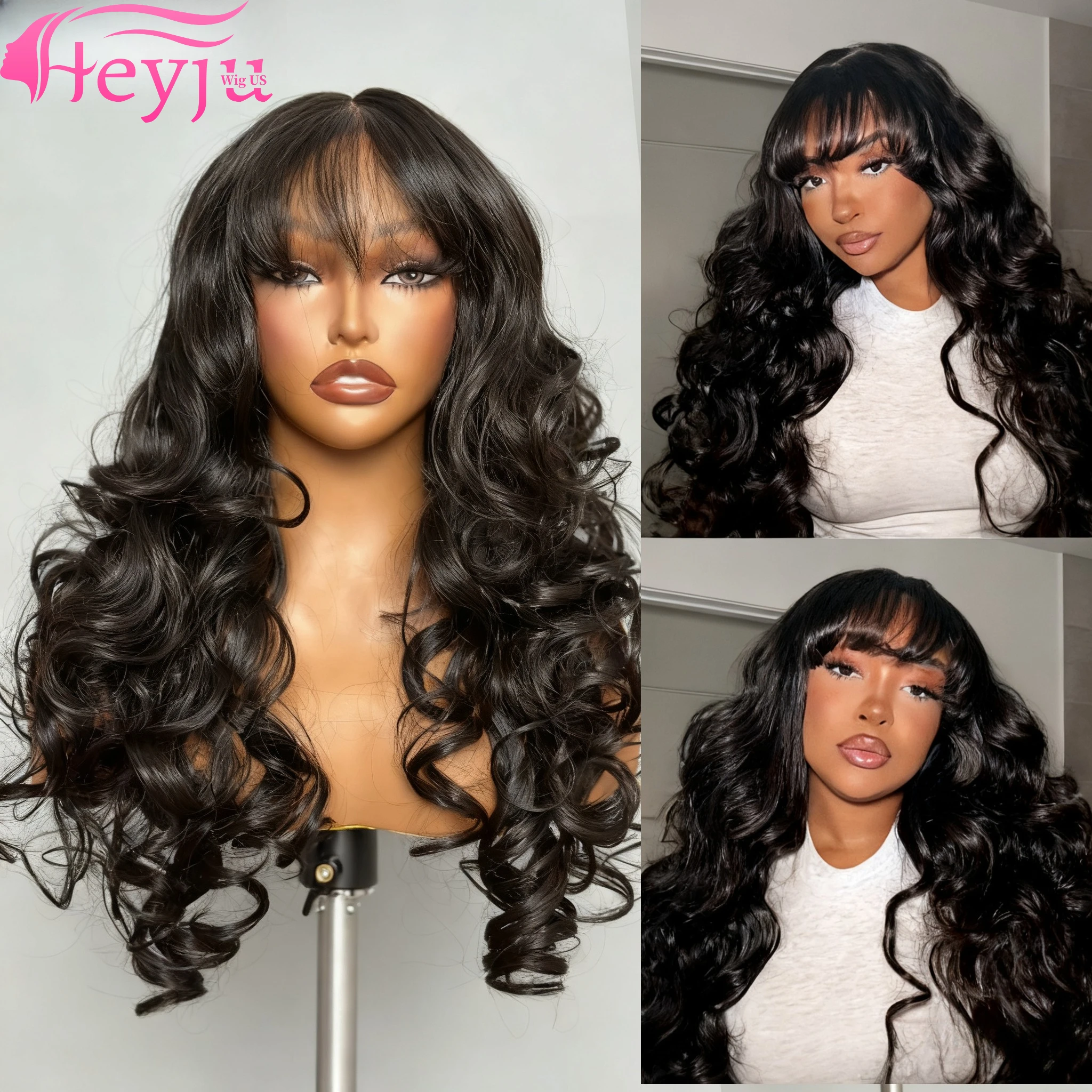 Middle Part Body Wave Human Hair Wig With Bangs for Black Women 3x1 Lace Wigs 230 Density Brazilian 30 36 Inch Wigs for Women