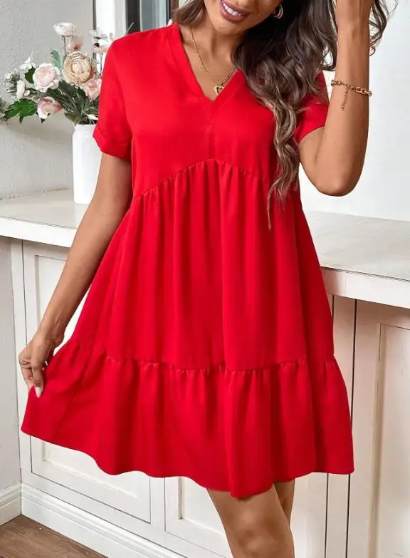 

Women's Dress Summer Loose V-Neck Red Simple Temperament Casual Straight Tube Loose Short Sleeved Dress Suitable for Daily Use