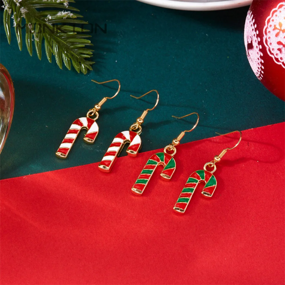 Monkton Christmas Dangle Earrings Enamel Red Green Striped Hook Earrings Xmas Holiday Party Jewelry Gift for Women Festival