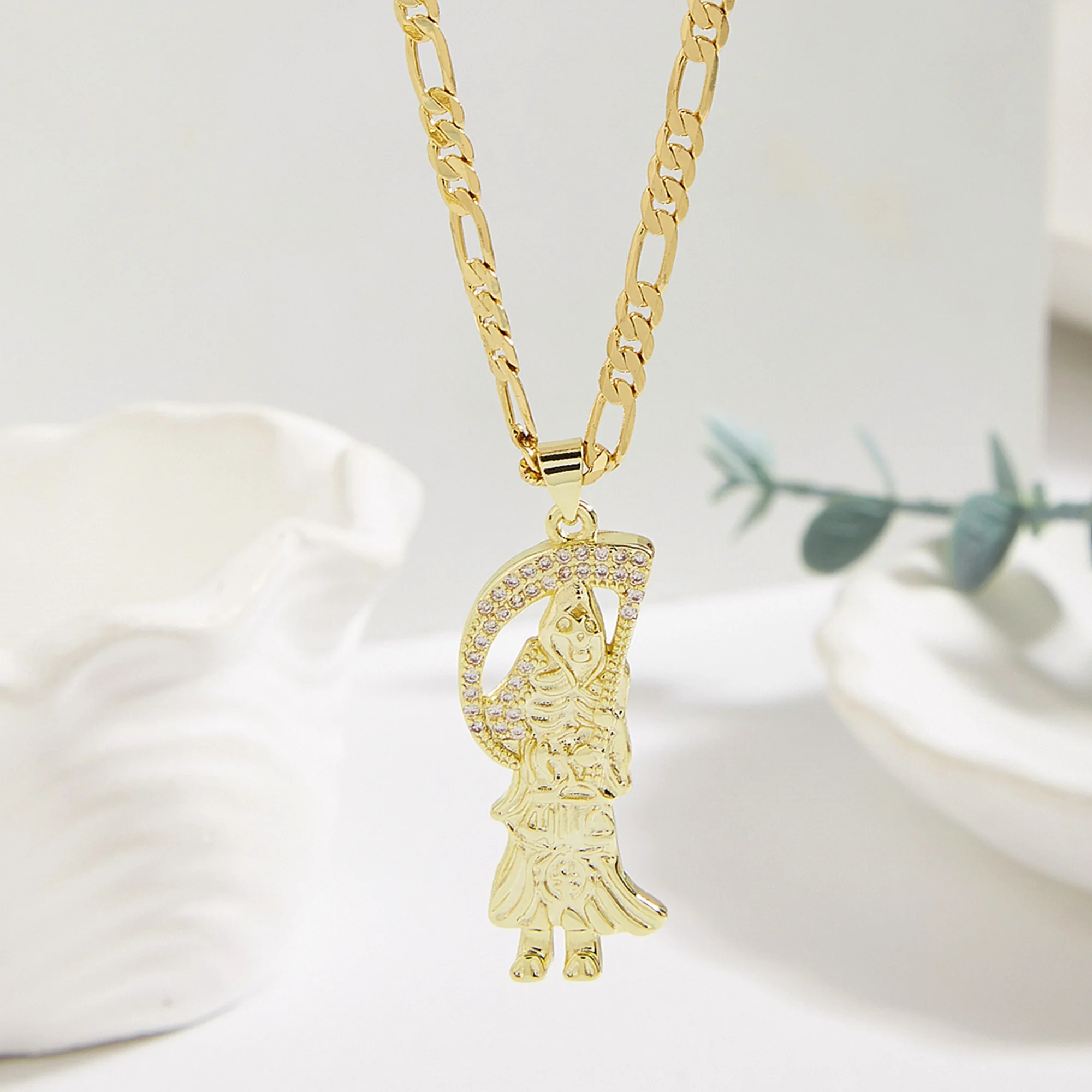 Unisex Fashion Gift Gold plated Holy Death Grim Reaper Pendant Faith Colorful zirconia santa muerte Necklace For Women Jewelry