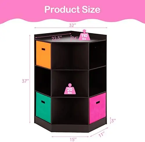 9-Cubby Kids Bookcase with Large Storage Bins, Children's Corner Cabinet with 6 Cubes and 3 Shelves, Wooden Toy Organizers and S